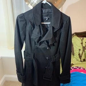 Black Pea Coat with Ruffled Collar